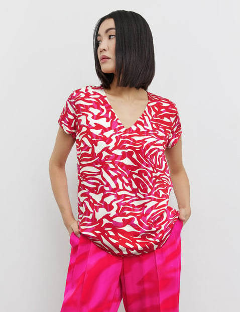 TAIFUN Damen Blusenshirt mit V-Ausschnitt 60cm Kurzarm Rot gemustert von Taifun