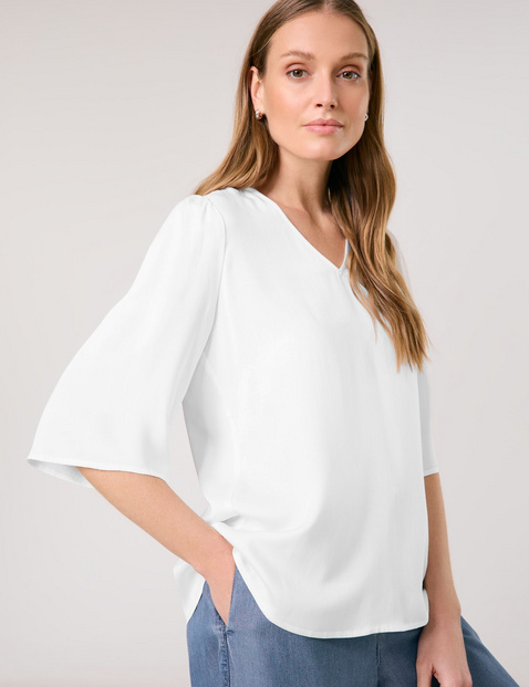 TAIFUN Damen Halbarmbluse mit V-Ausschnitt Viskose 64 cm Halber Arm unifarben Weiss von Taifun