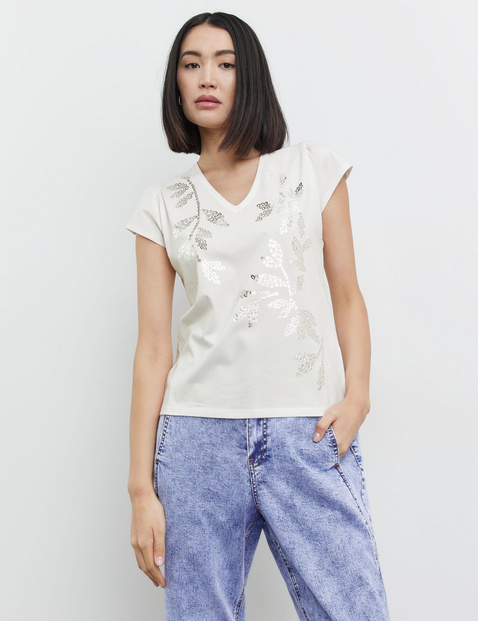 TAIFUN Damen Shirt mit abstraktem Print 60cm Kurzarm V-Ausschnitt Baumwolle Weiss floral von Taifun