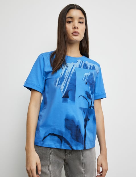 TAIFUN Damen T-Shirt aus Baumwolle 64cm Kurzarm Rundhals Blau von Taifun