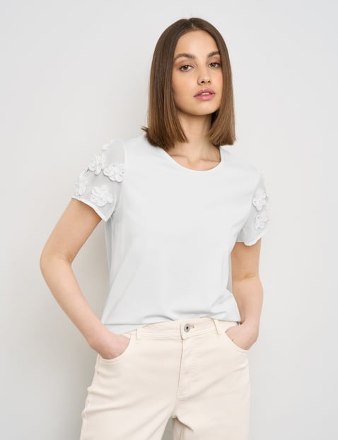 TAIFUN Damen T-Shirt mit Blüten-Dekor 58cm Kurzarm Rundhals Viskose Weiss von Taifun