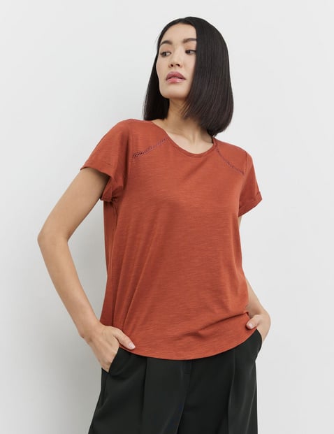 TAIFUN Damen T-Shirt mit Häkelspitzen-Details 62cm Kurzarm Rundhals Baumwolle Braun von Taifun