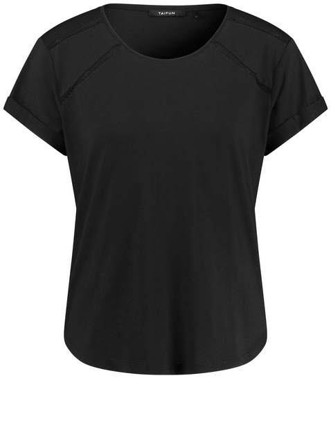 TAIFUN Damen T-Shirt mit Häkelspitzen-Details 62cm Kurzarm Rundhals Baumwolle Schwarz von Taifun
