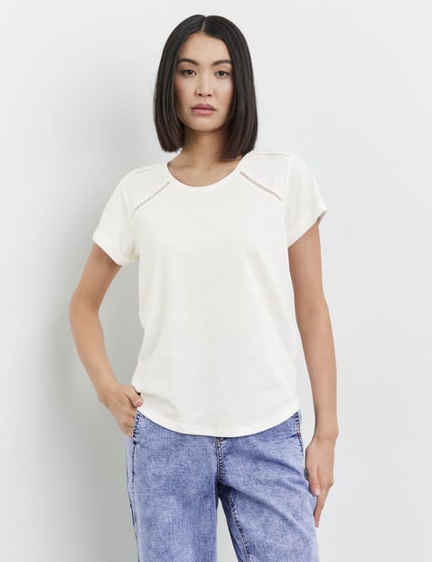 TAIFUN Damen T-Shirt mit Häkelspitzen-Details 62cm Kurzarm Rundhals Baumwolle Weiss von Taifun