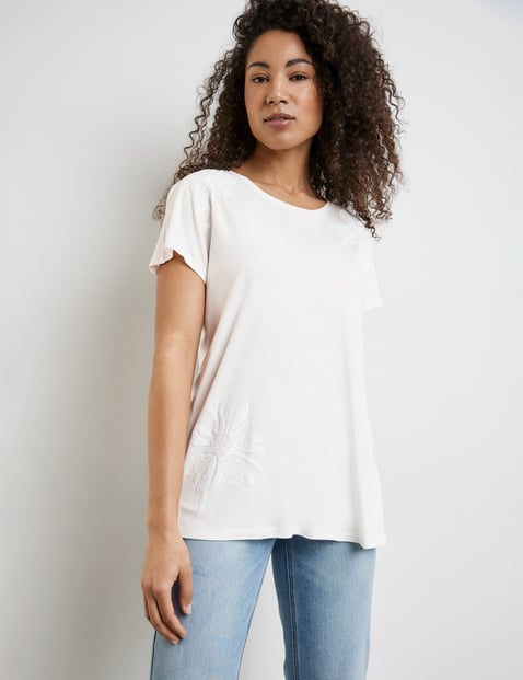 TAIFUN Damen T-Shirt mit Pailletten-Dekor 62cm Kurzarm Rundhals Viskose Weiss von Taifun