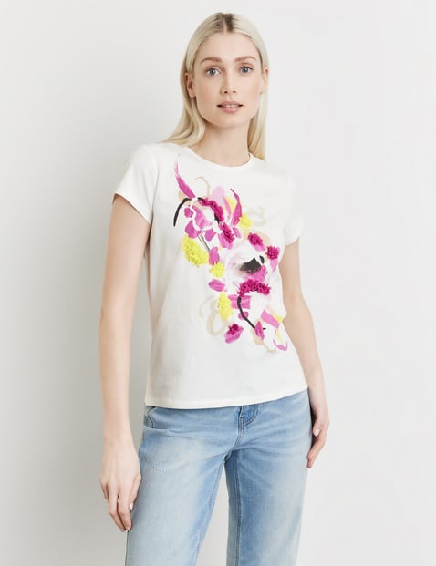 TAIFUN Damen T-Shirt mit verziertem Frontprint Kurzarm Rundhals Baumwolle Weiss von Taifun