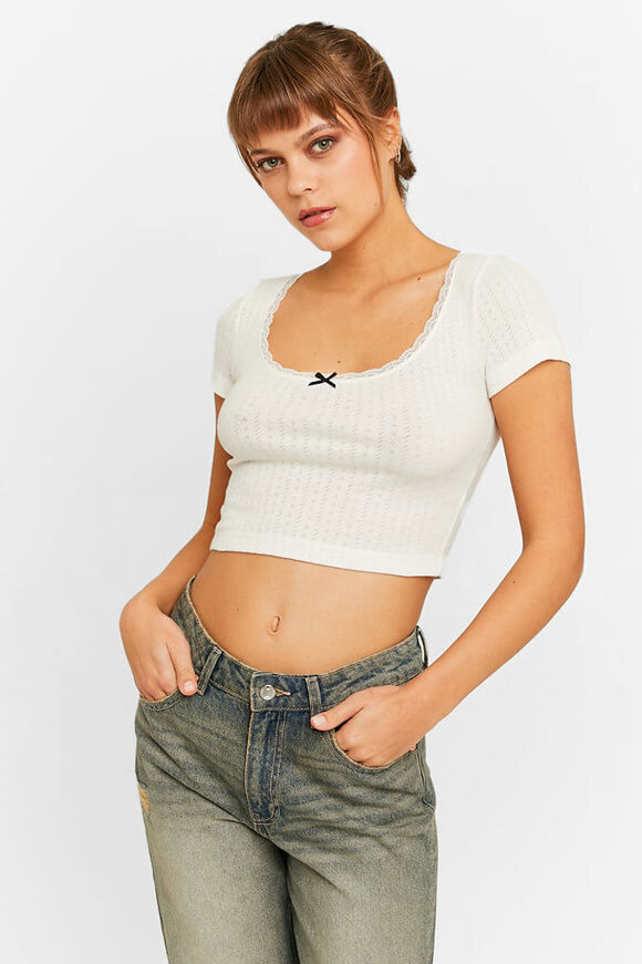 Tally Weijl Crop T-Shirt mit Pointelle-Struktur | Offwhite | Damen  | L von Tally Weijl