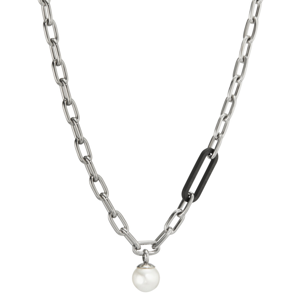 TeNo Damen Halskette Soho Pearl Drop Silver aus Edelstahl mit Carbon und Muschelperle, 43-48 cm verstellbar von TeNo