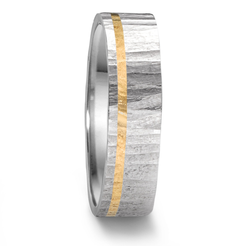 TeNo Partnerring mit 750/18 K Gelbgold und Oaktree Struktur mit Comfort Fit Ringschiene 6 x 2 mm von TeNo