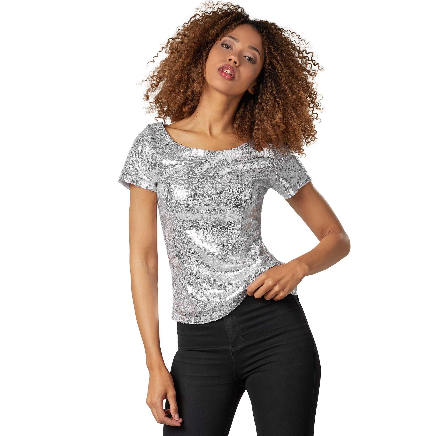 Pailletten-kurzarm-shirt Damen Silber XL von Tectake