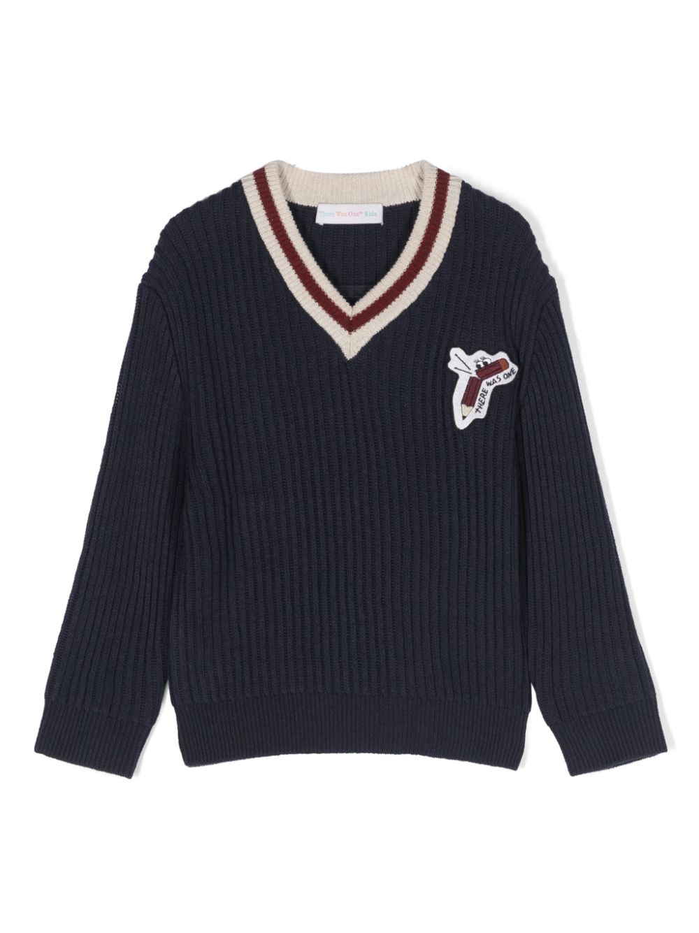There Was One Kids logo-patch ribbed V-neck jumper - Blue von There Was One Kids