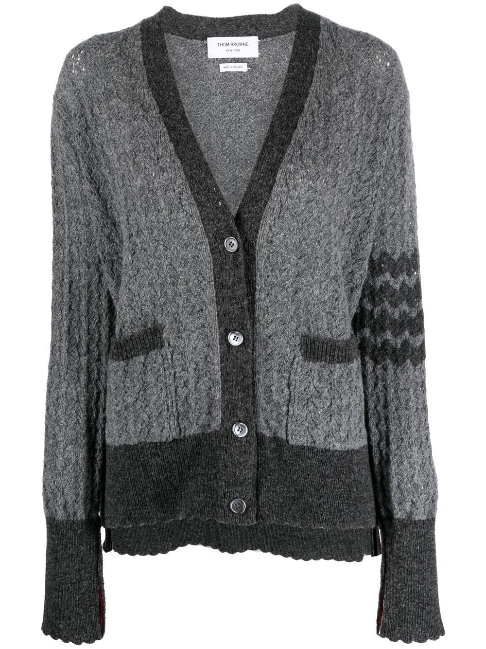 Thom Browne 4-Bar cable-knit pointelle stitch cardigan - Grey von Thom Browne