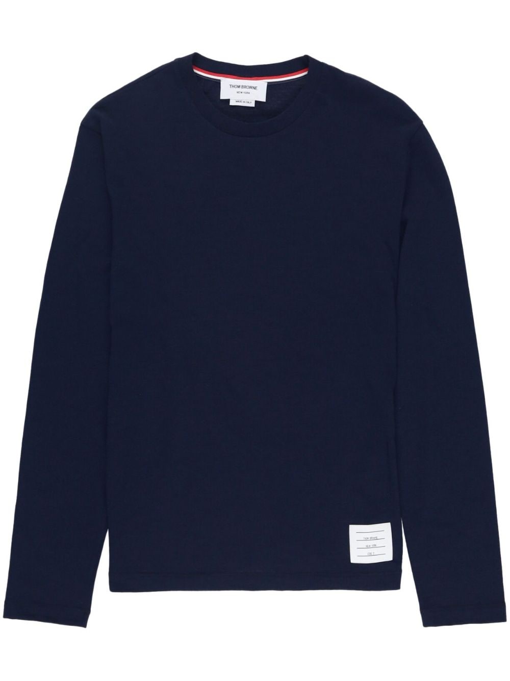 Thom Browne logo-patch long-sleeve wool T-shirt - Blue von Thom Browne