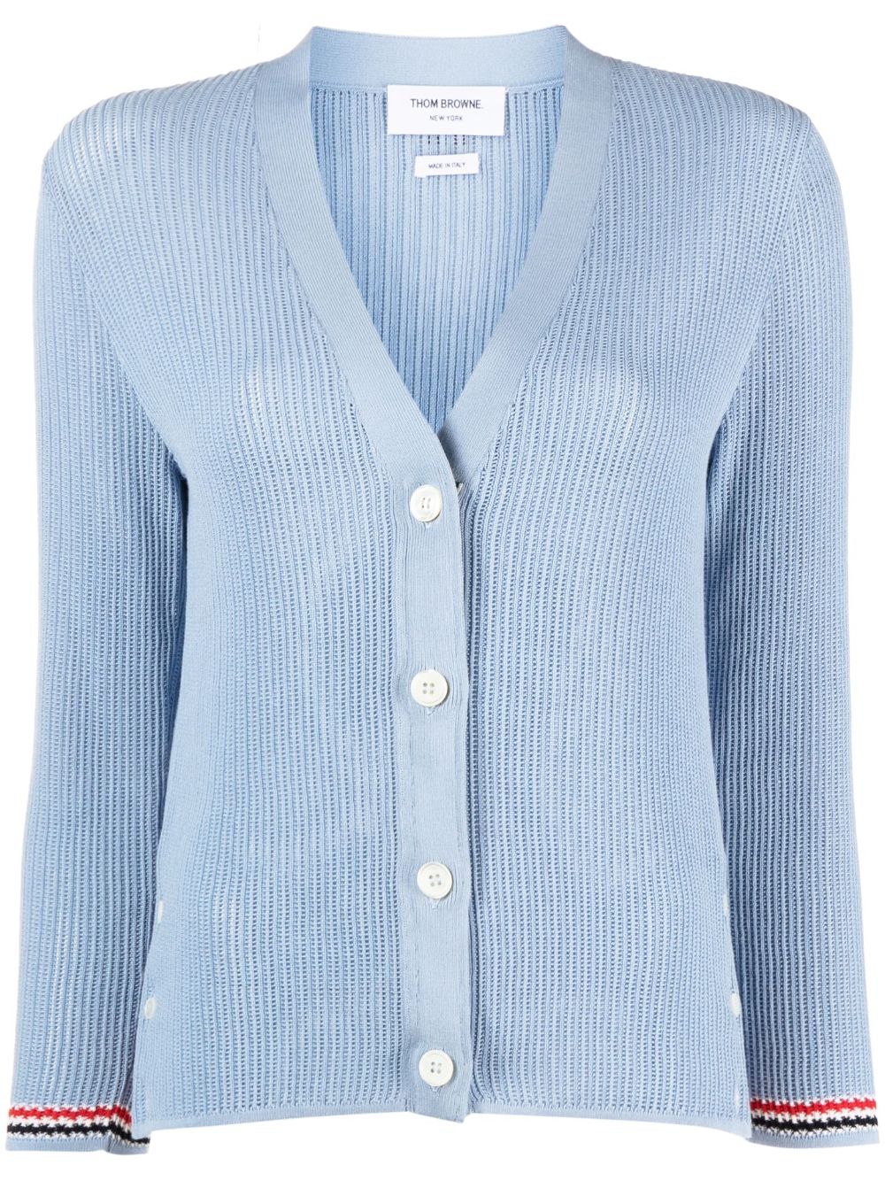 Thom Browne pointelle-knit RWB stripe cardigan - Blue von Thom Browne