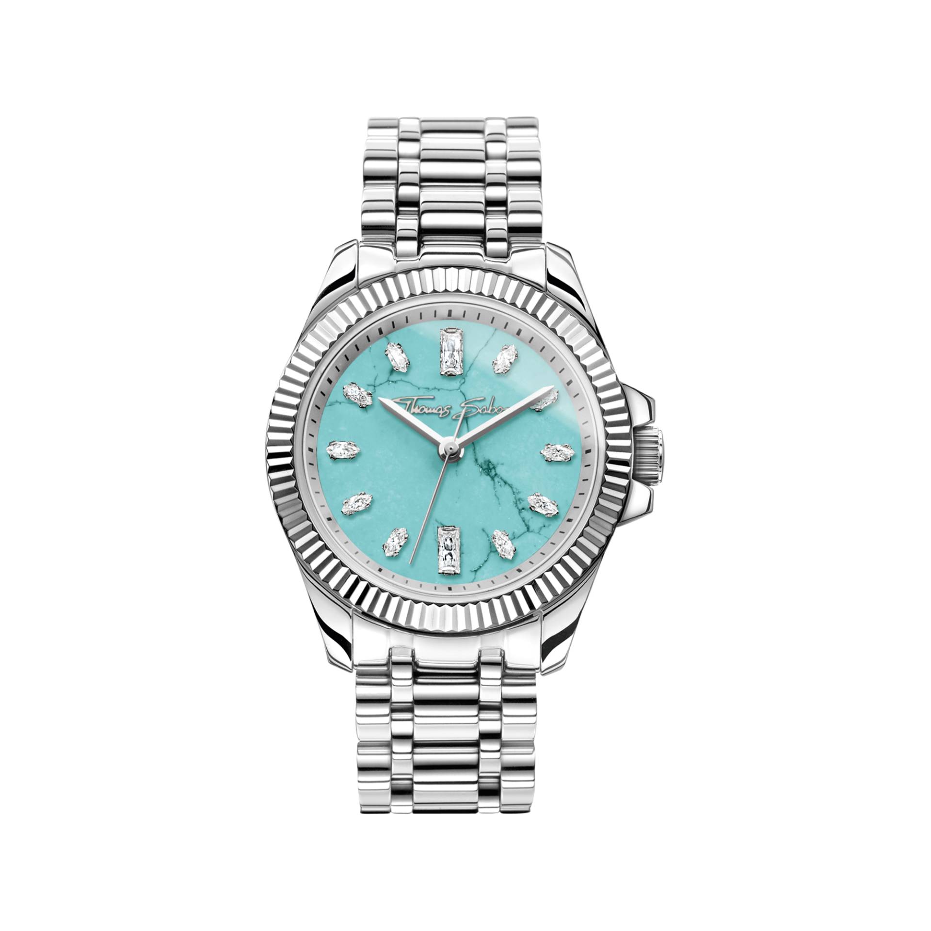 Thomas Sabo Damenuhr mit imitiertem Türkis Divine Jewellery Stone silberfarben blau WA0435-201-209-33 MM Thomas Sabo Damenuhr mit imitiertem Türkis Divine Jewellery Stone silberfarben blau WA0435-201-209-33 MM von Thomas Sabo