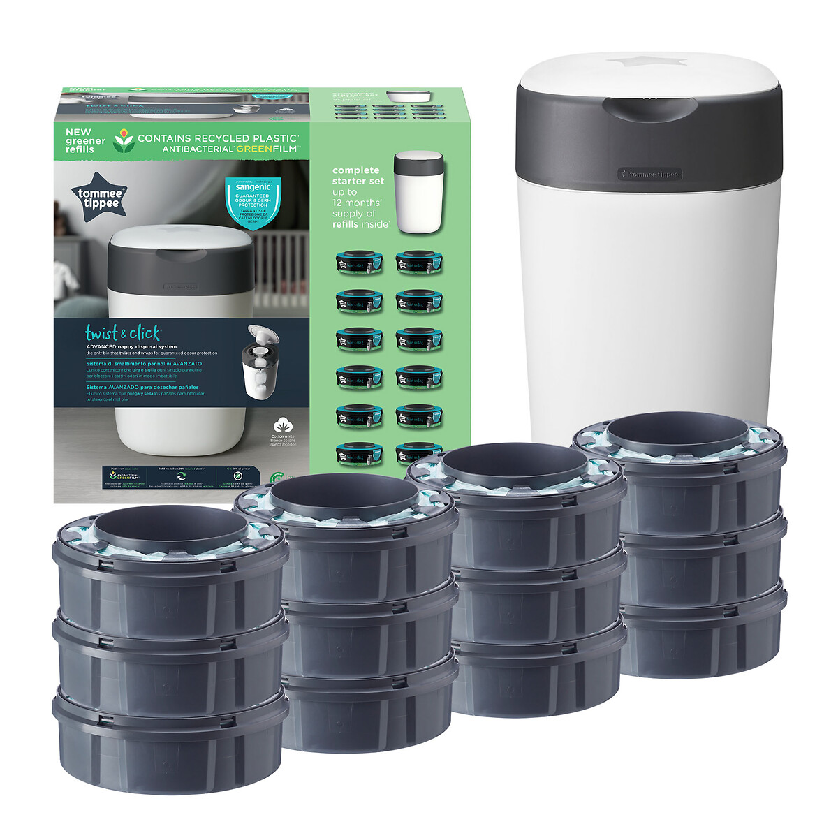 Starter-Set aus Windeleimer Twist & Click + 12 Nachfüllkassetten von Tommee Tippee