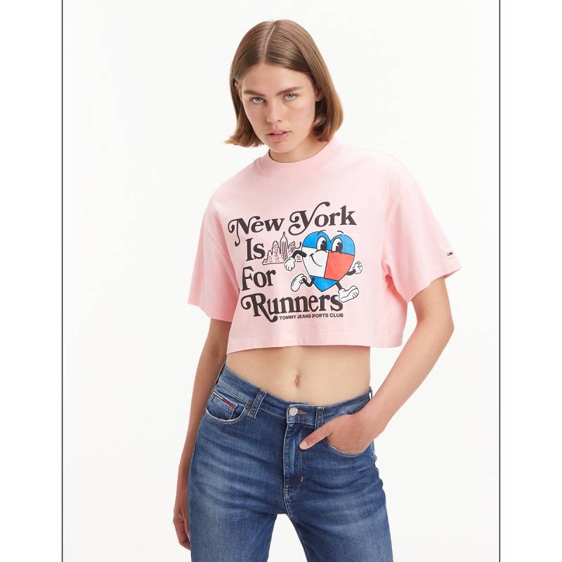 Cropped-Shirt mit kurzen Ärmeln, Rundhals und Motiv vorne von Tommy Jeans