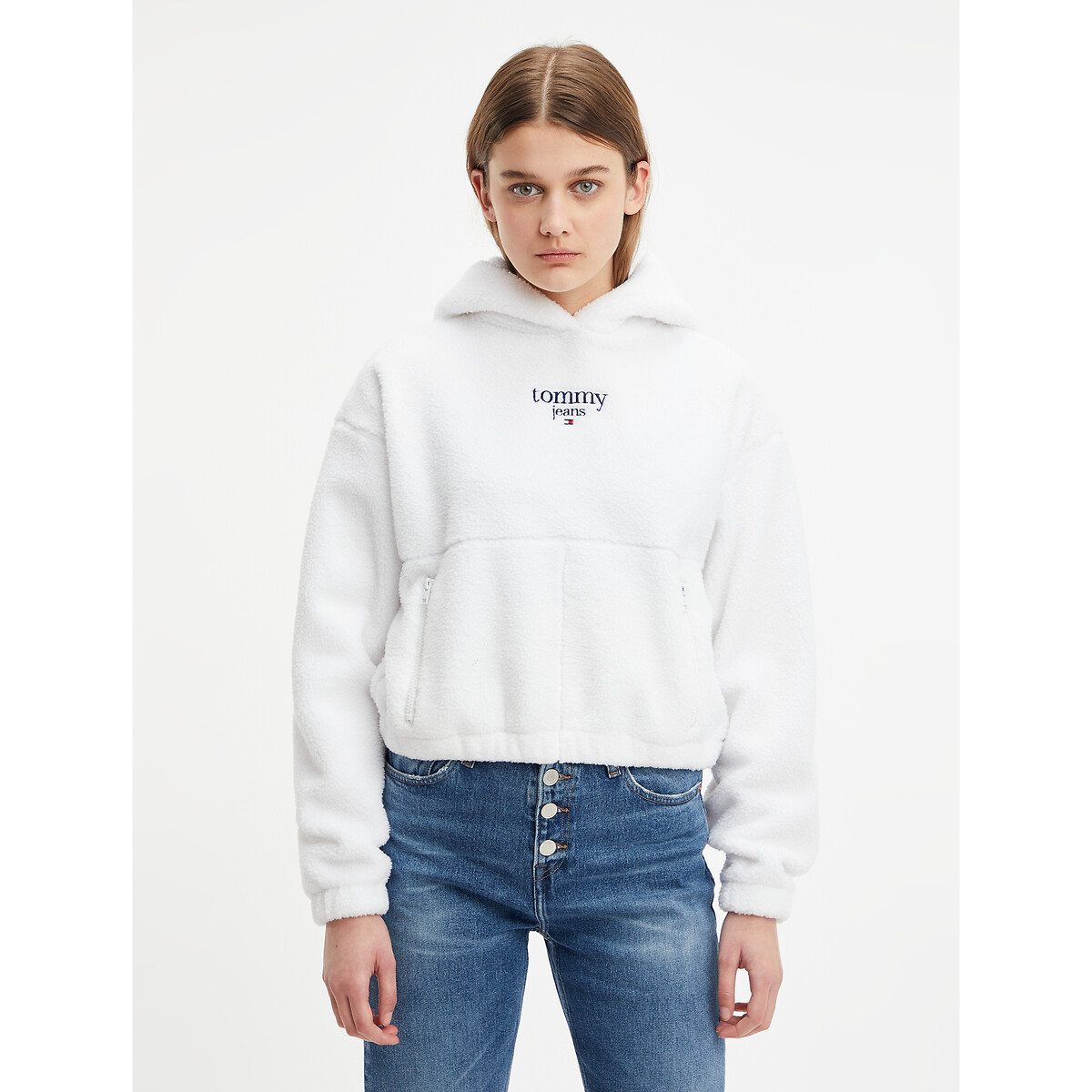 Kurzes Kapuzensweatshirt aus Teddyfleece, Logo vorne von Tommy Jeans