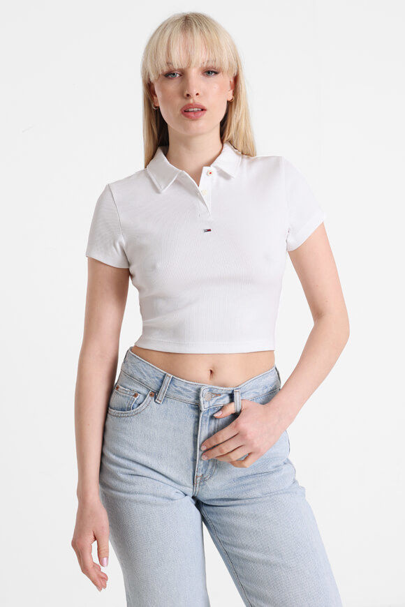 Tommy Jeans Geripptes Crop Poloshirt | White | Damen  | M von Tommy Jeans