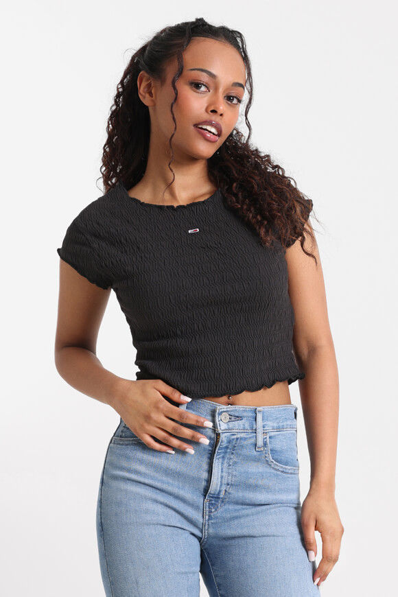 Tommy Jeans Gesmoktes Crop T-Shirt | Black | Damen  | XS von Tommy Jeans