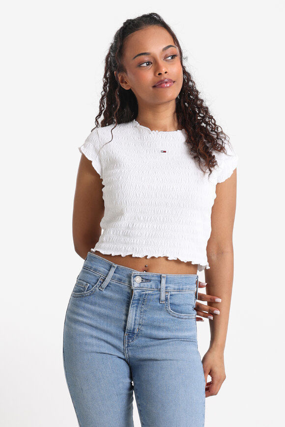 Tommy Jeans Gesmoktes Crop T-Shirt | White | Damen  | M von Tommy Jeans