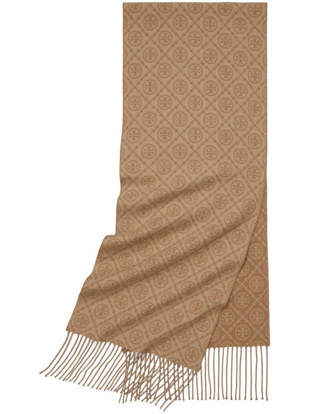Tory Burch logo intarsia-knit fringe-detailing scarf - Brown von Tory Burch