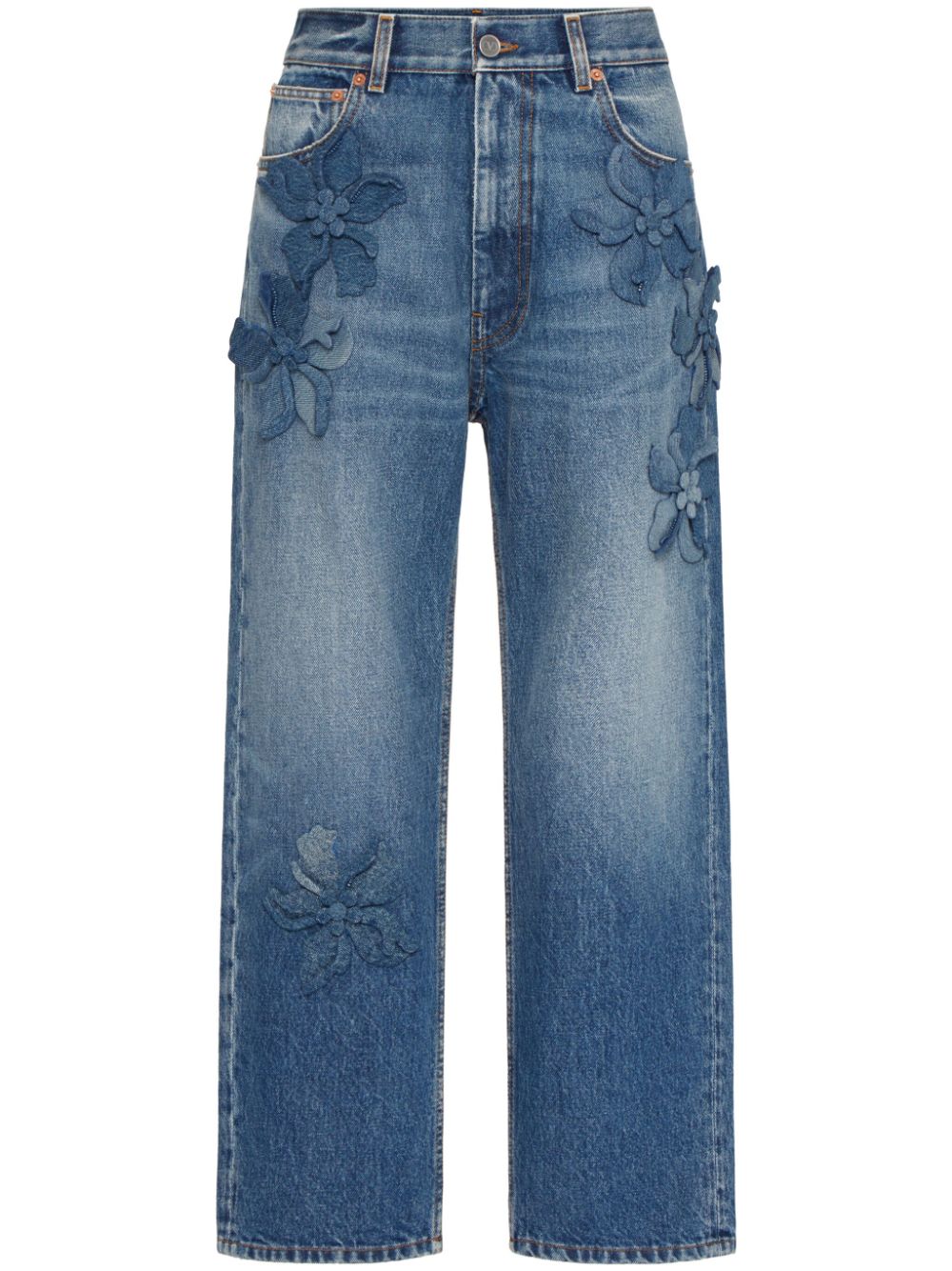 Valentino Garavani floral-appliqué straight-leg trousers - Blue von Valentino Garavani