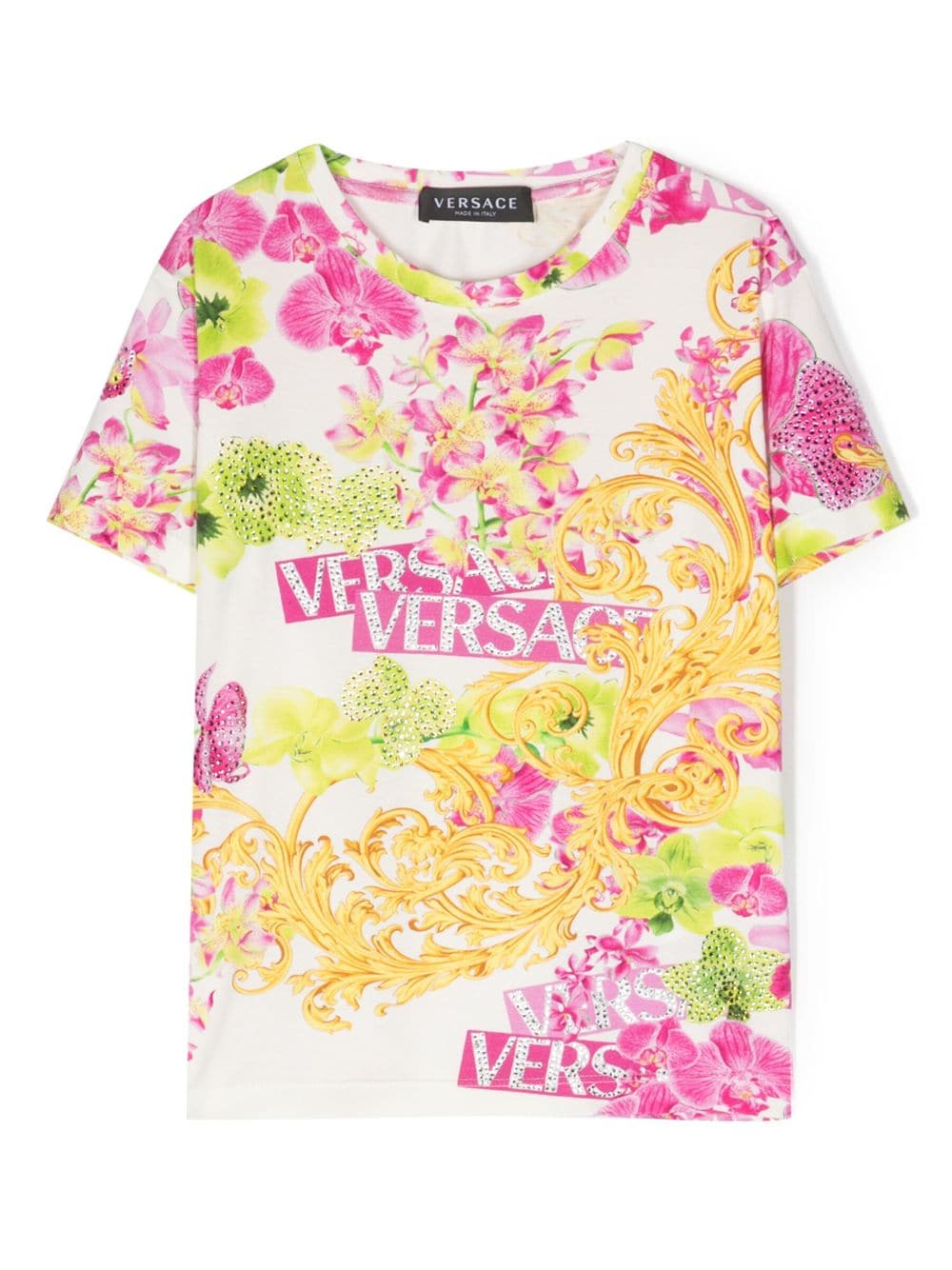 Versace Kids crystal-embellished floral-print T-shirt - White von Versace Kids