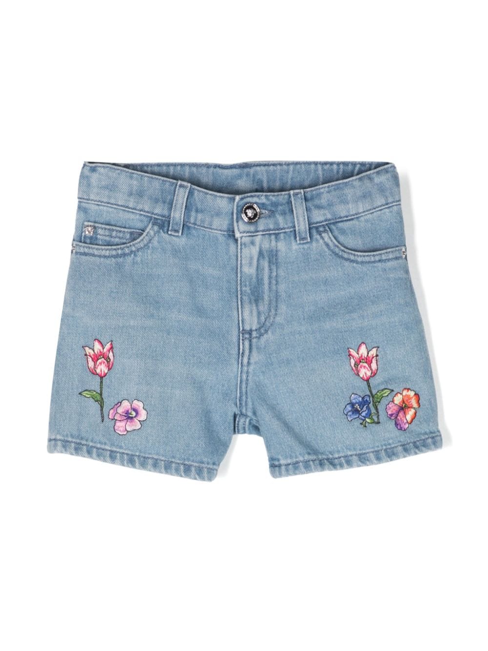 Versace Kids floral-embroidered denim shorts - Blue von Versace Kids