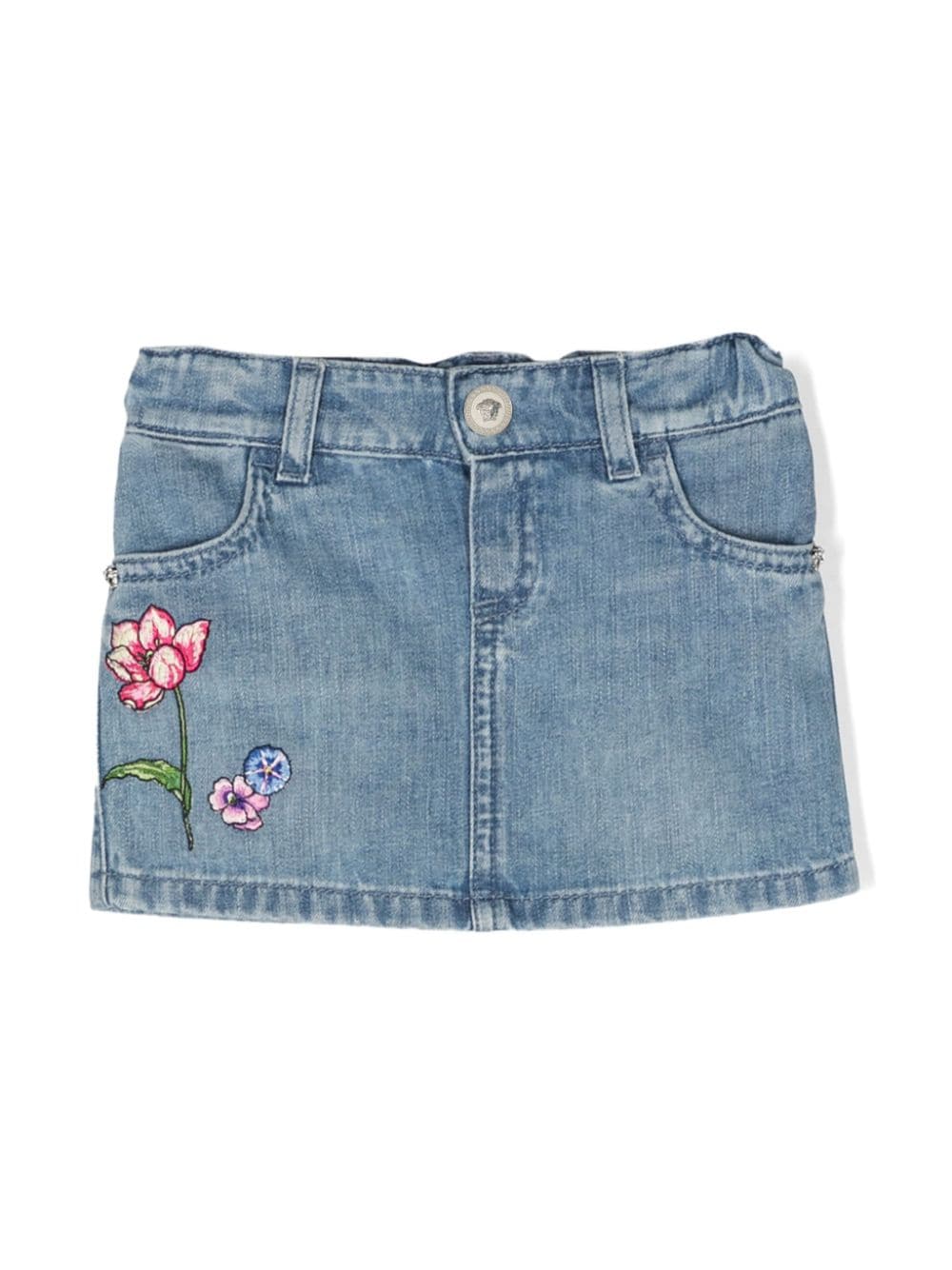 Versace Kids floral-embroidery denim miniskirt - Blue von Versace Kids