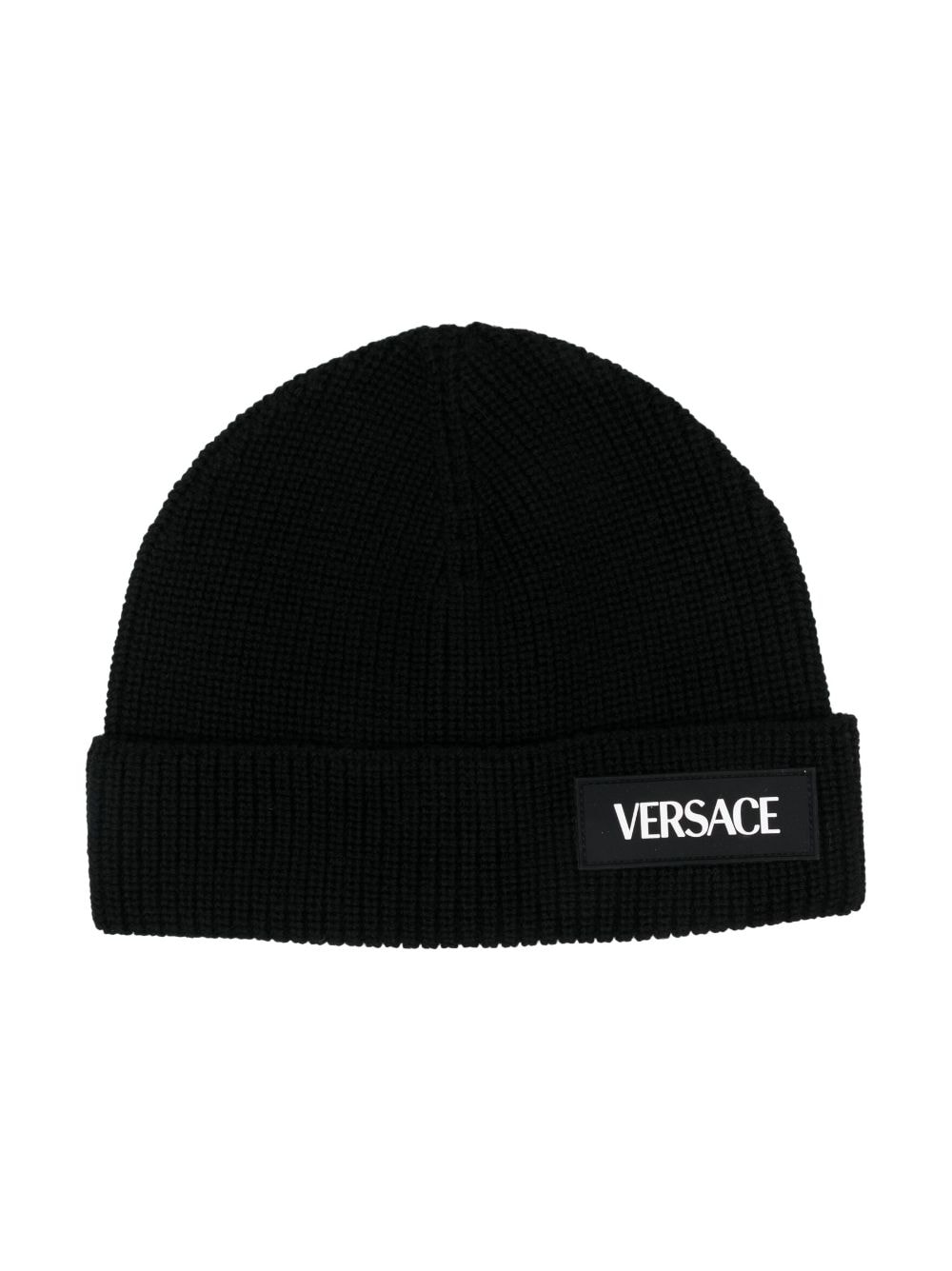 Versace Kids logo-appliqué ribbed beanie - Black von Versace Kids