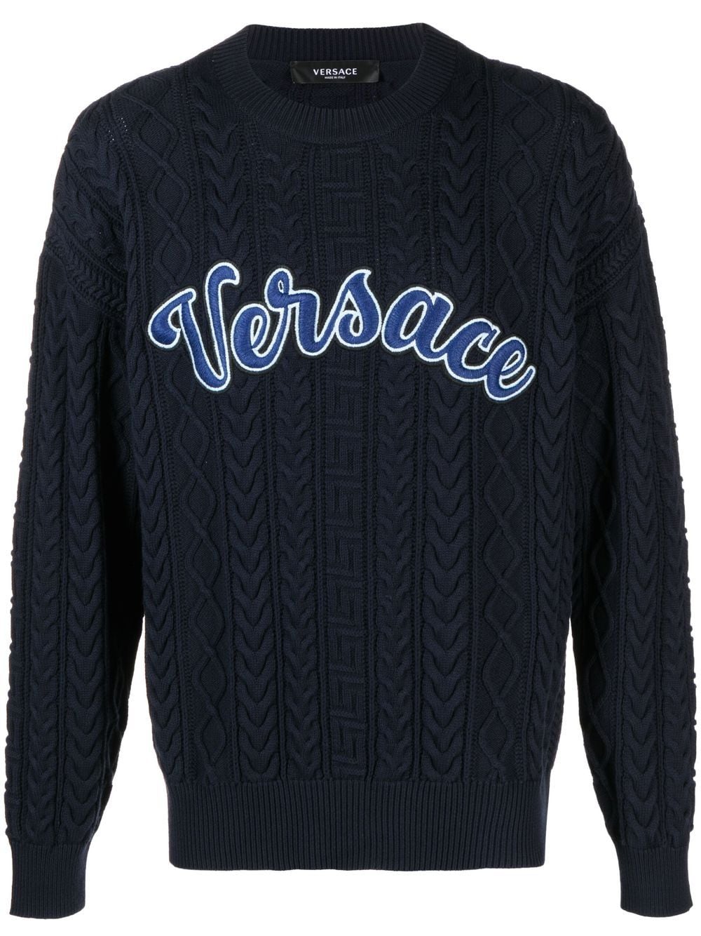 Versace logo appliqué cable-knit jumper - Blue von Versace