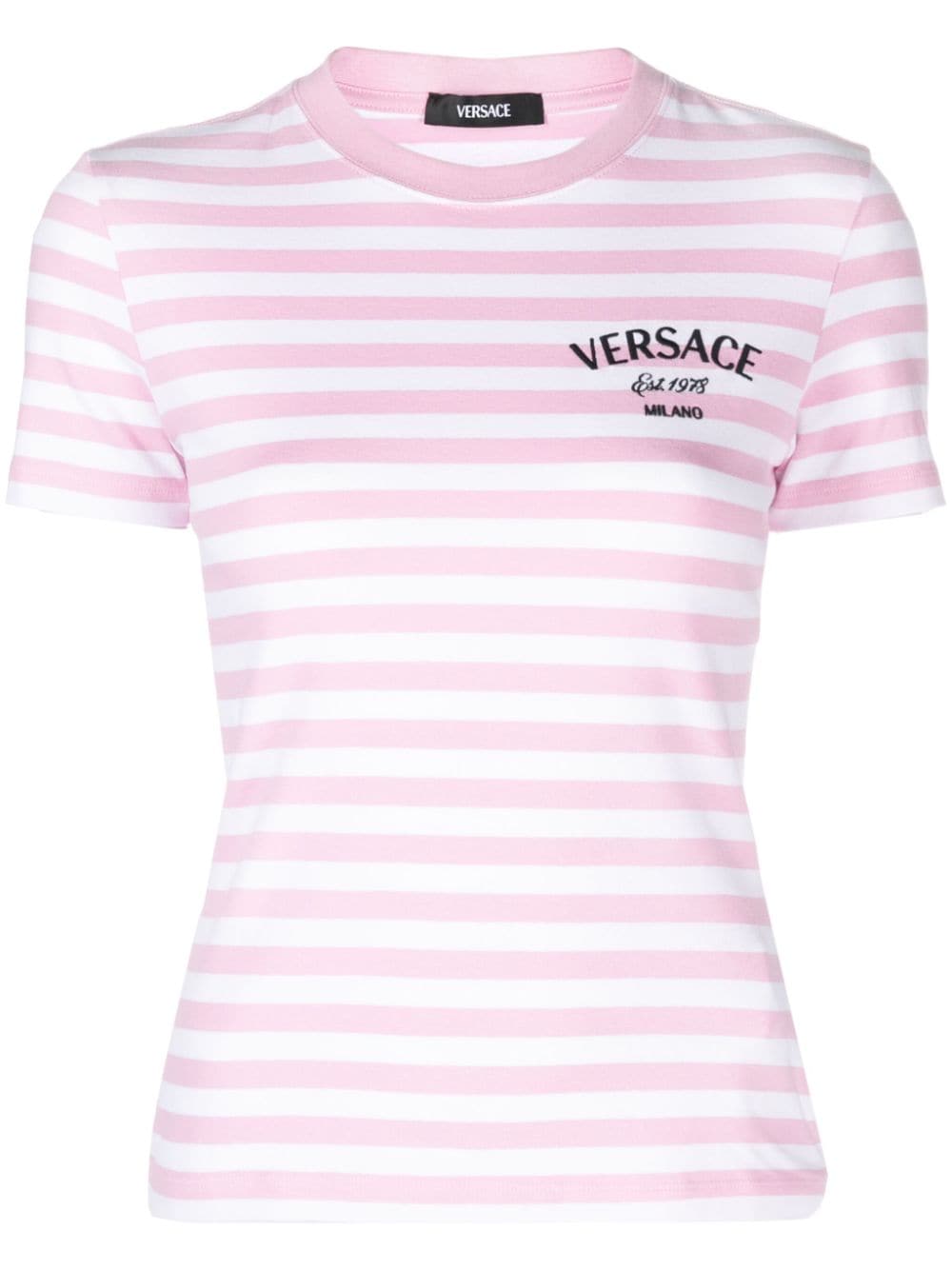 Versace logo-embroidered striped T-shirt - Pink von Versace