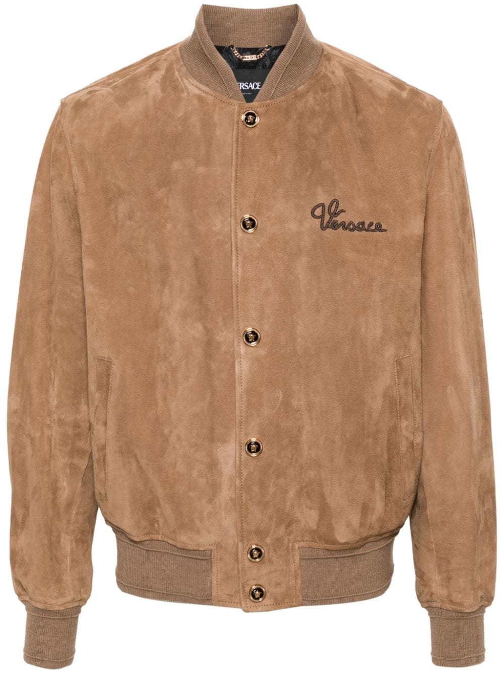 Versace logo-embroidered suede bomber jacket - Brown von Versace