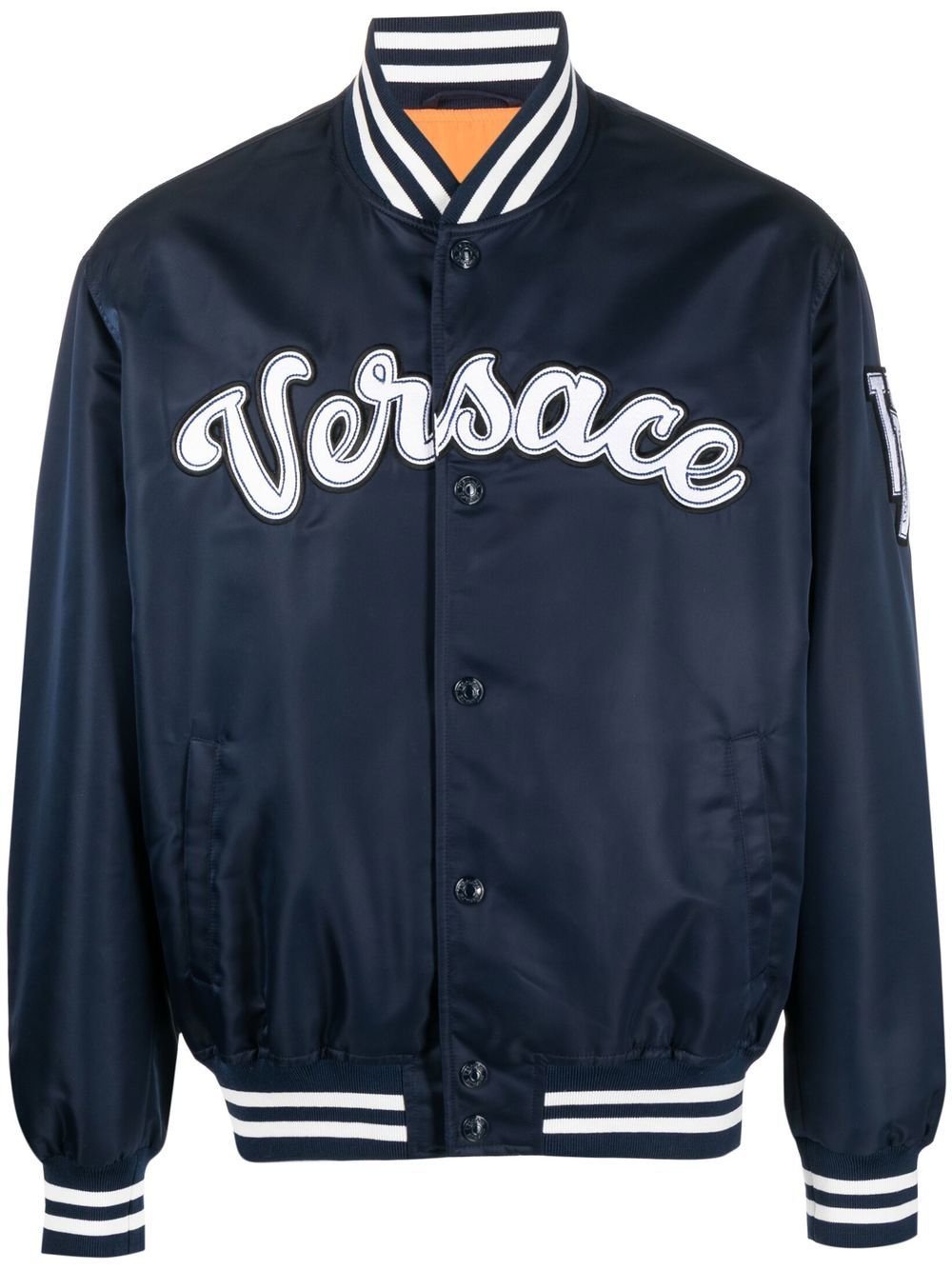 Versace logo-appliqué bomber jacket - Blue von Versace