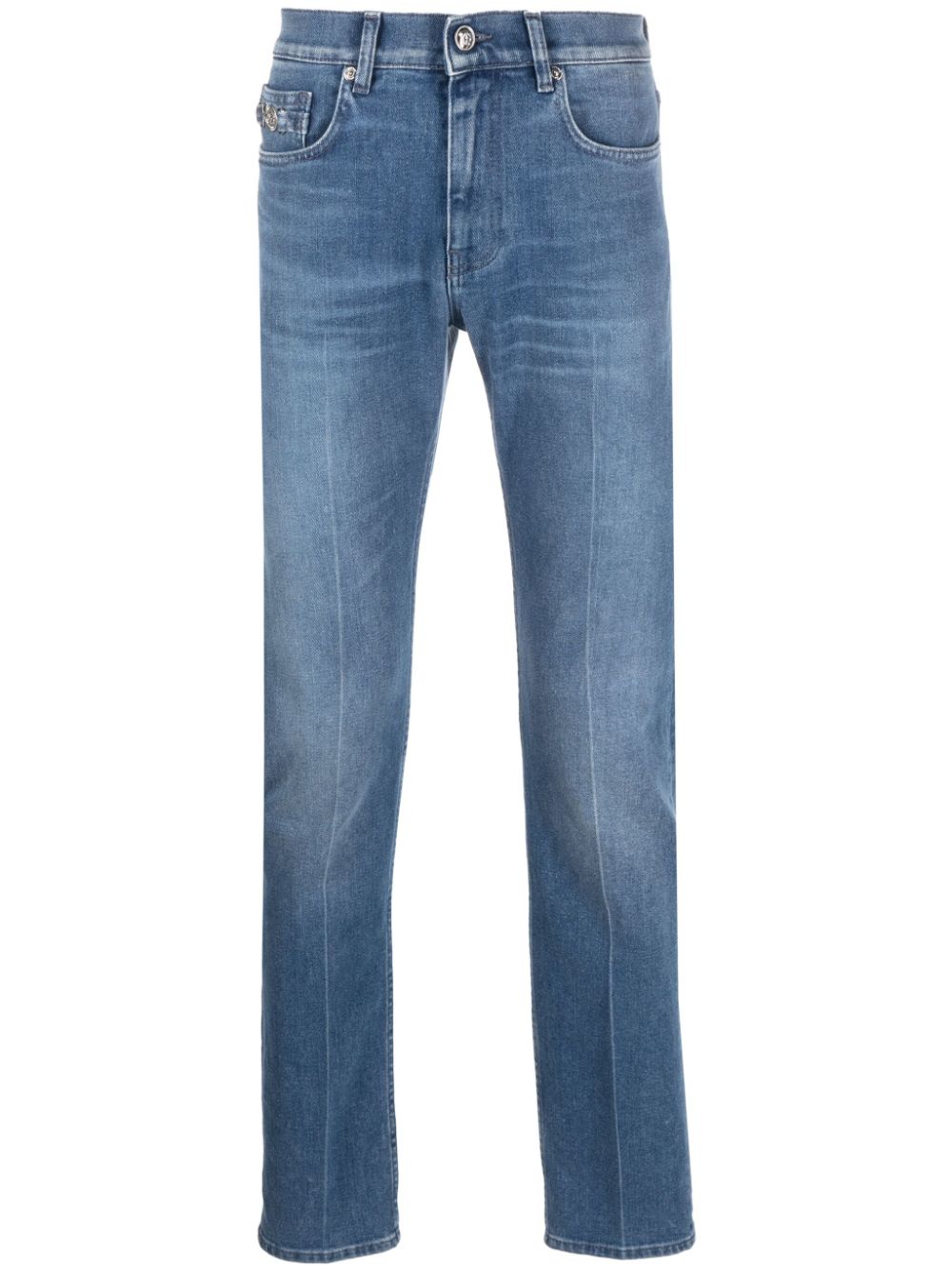 Versace logo-patch slim-cut jeans - Blue von Versace