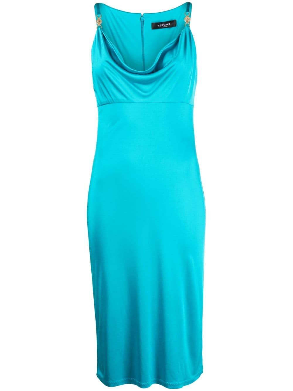 Versace logo-plaque cowl-neck midi dress - Blue von Versace