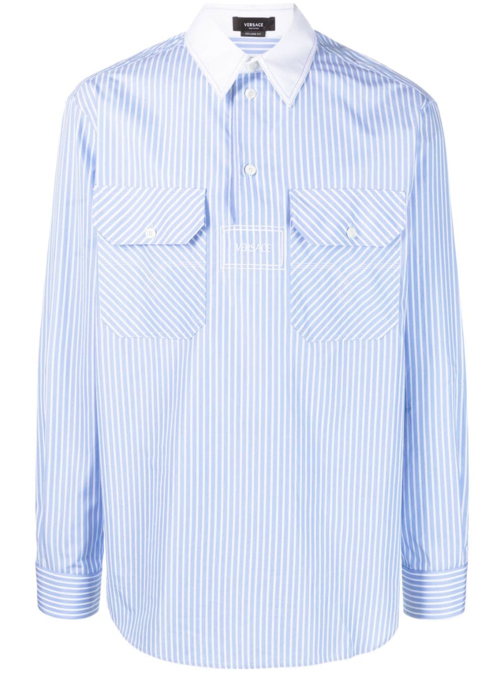 Versace logo-print pinstripe cotton shirt - Blue von Versace