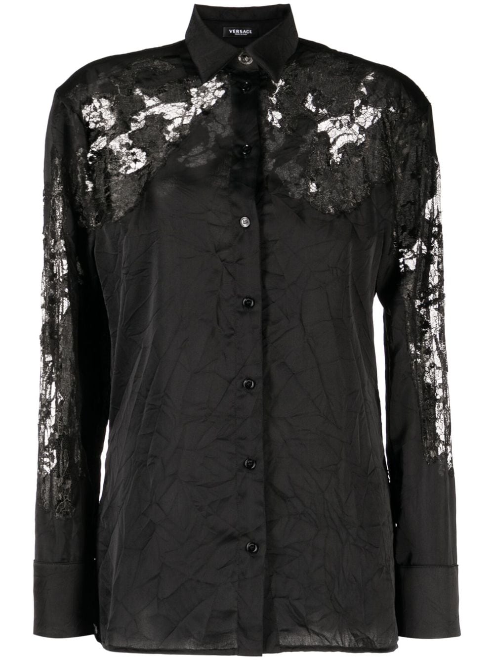 Versace sheer-lace crinkled satin shirt - Black von Versace