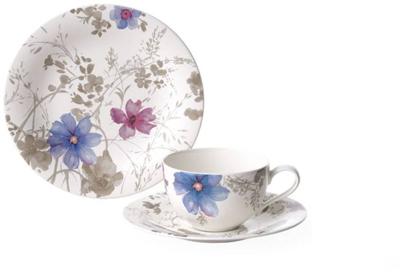 Villeroy & Boch Kaffeeservice »Mariefleur Gris Basic«, (Set, 18 tlg., 6x Kaffeetasse 250ml, 6x Untertasse 16cm, 6x Frühstücksteller 21cm), Made in Germany, Fine China Porzellan von Villeroy & Boch