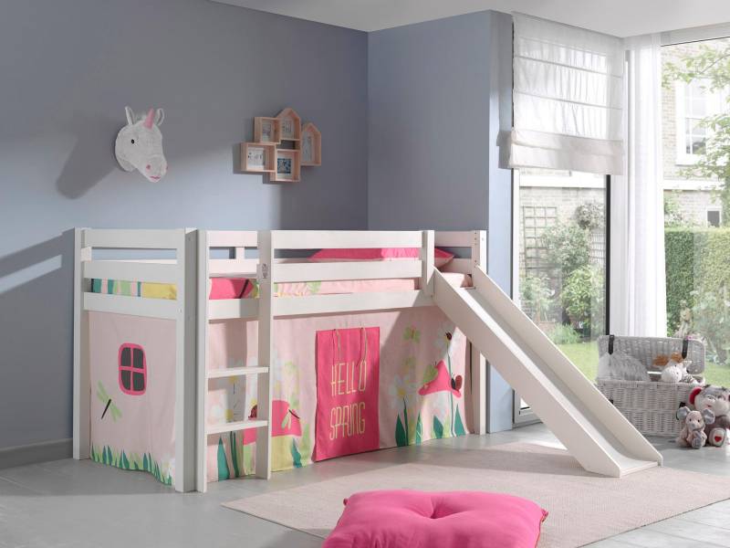 Vipack Hochbett »Pino«, (Made in Europe), Massivholz, Textil Set "Spring", wahlweise mit Rutsche und Betttunnel von vipack