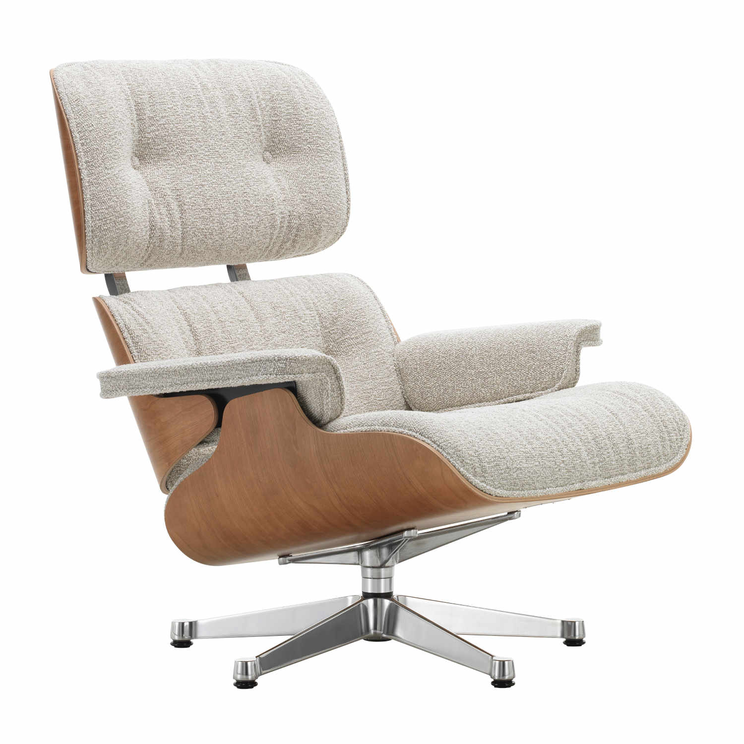 Eames Lounge Chair Fabric Edition Sessel, Masse klassische masse, Bezug stoff nubia crème/perle, Schale santos palisander, Untergestell poliert / s... von Vitra