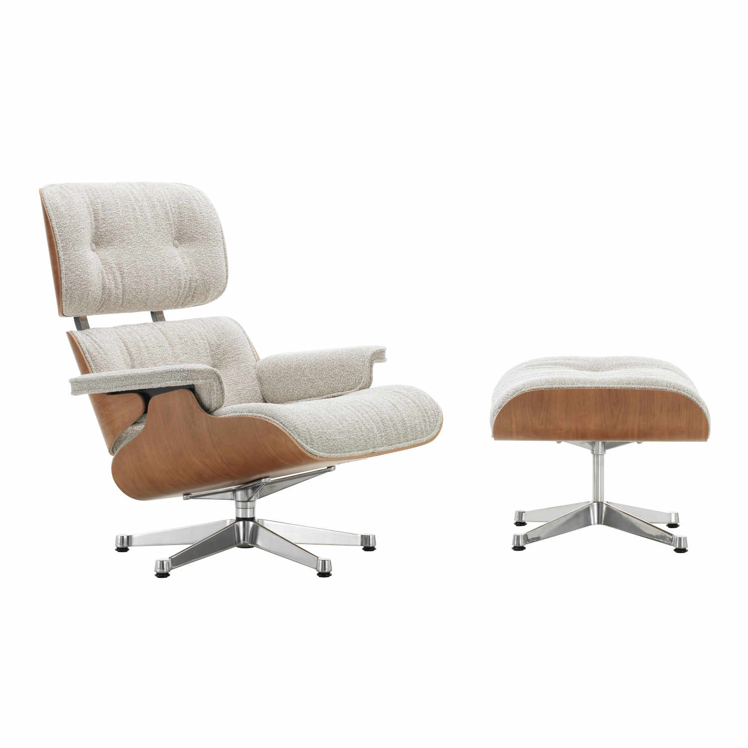 Eames Lounge Chair & Ottoman Fabric Edition, Masse neue masse, Schale amerikanischer kirschbaum, Bezug stoff nubia crème/sierragrau, Untergestell p... von Vitra