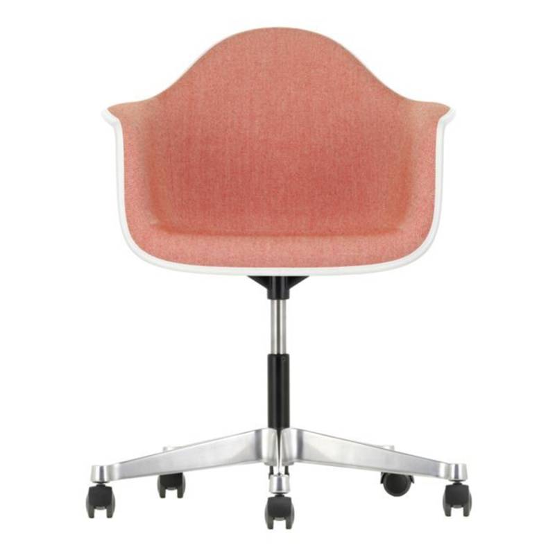 Eames Plastic Armchair Chair RE PACC Sitzpolster Bürodrehstuhl, Sitzschale RE poppy red re, Stoff Hopsak F60 gelb/elfenbein, Keder weiss, Rollen ro... von Vitra