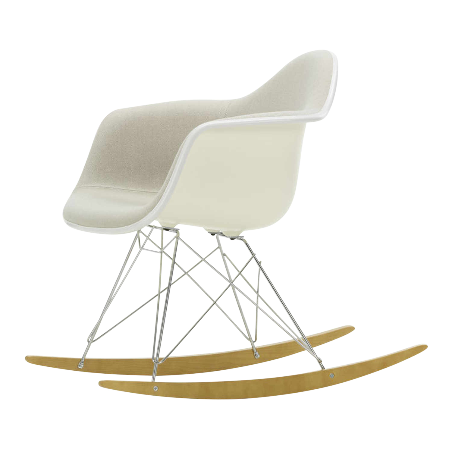 Eames Plastic Armchair RE RAR Vollpolster Schaukelstuhl, Sitzschale RE eisgrau re, Stoff Hopsak F60 meerblau/dunkelgrau, Keder basic dark, Drahtunt... von Vitra