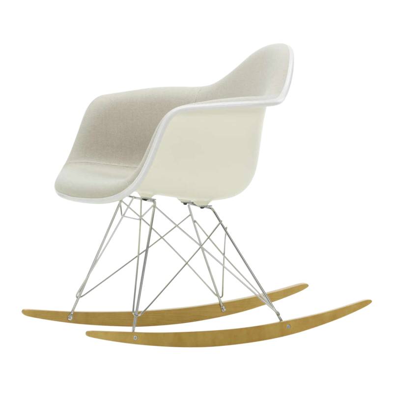 Eames Plastic Armchair RE RAR Vollpolster Schaukelstuhl, Sitzschale RE eisgrau re, Stoff Hopsak F60 nero/elfenbein, Keder basic dark, Drahtunterges... von Vitra