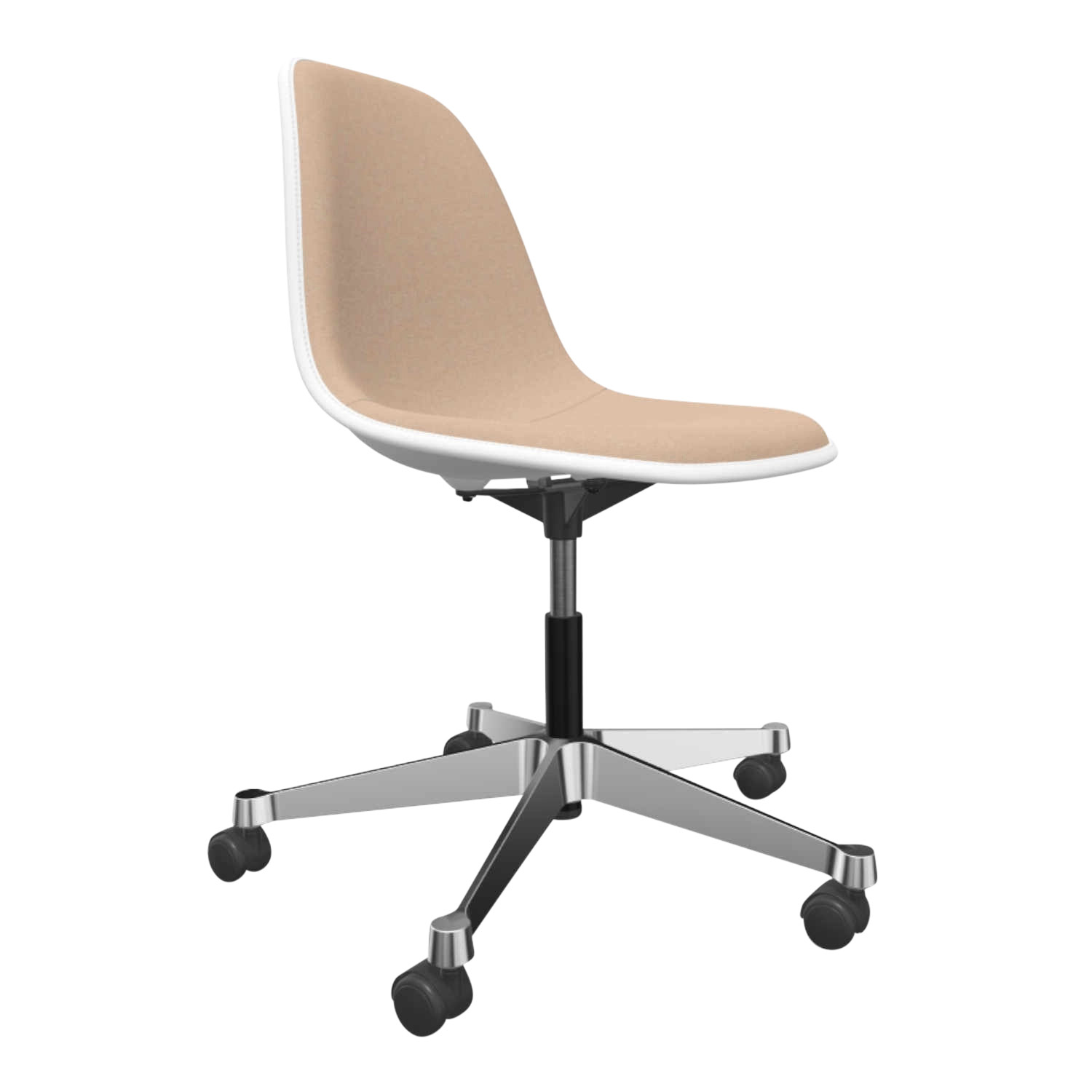 Eames Plastic Side Chair RE PSCC Vollpolster Bürodrehstuhl, Sitzschale RE granitgrau re, Stoff Hopsak F60 grün/elfenbein, Keder basic dark, Rollen ... von Vitra