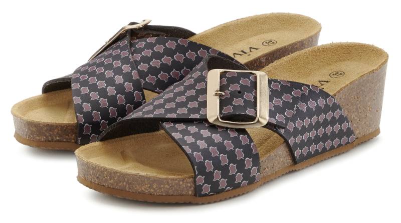 Vivance Pantolette »Sandale, Mule, offener Schuh«, mit Komfortkorkfussbett aus Leder, Keilabsatz und Print von Vivance