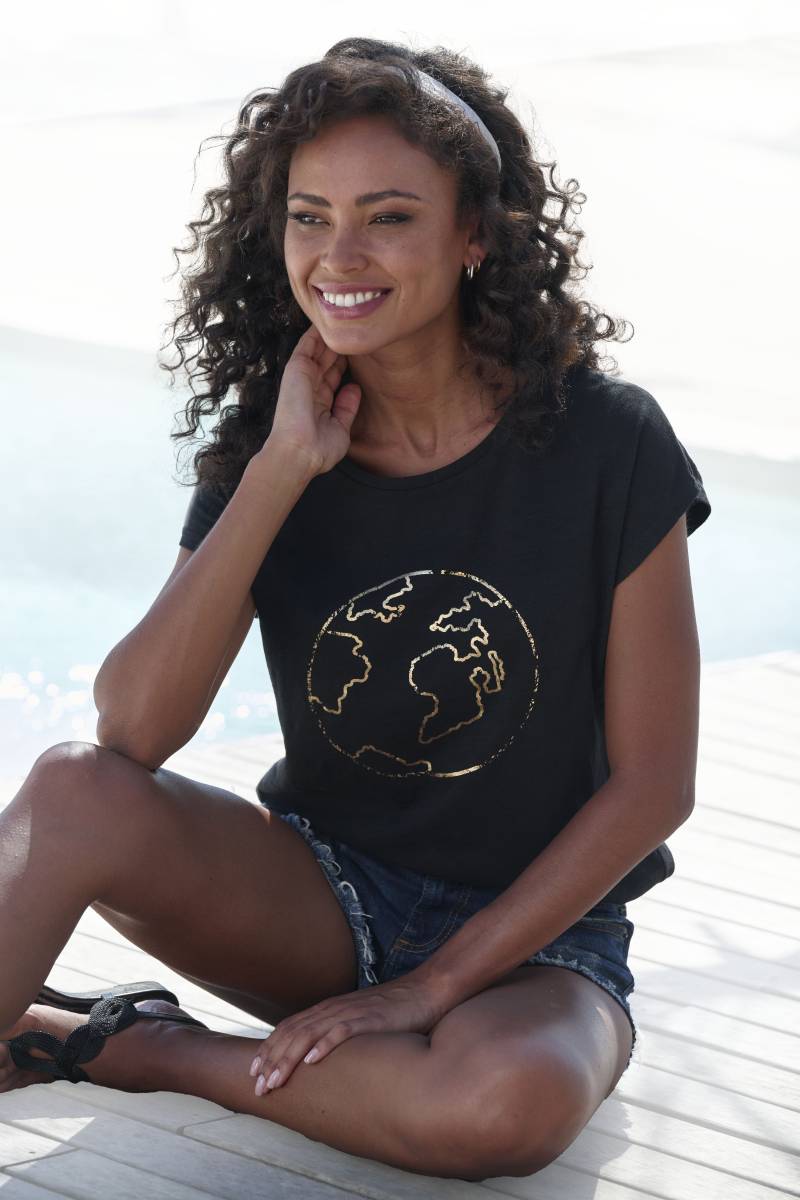 Vivance Rundhalsshirt »mit goldfarben schimmerndem Frontprint«, aus weicher Baumwoll-Slub-Qualität von Vivance