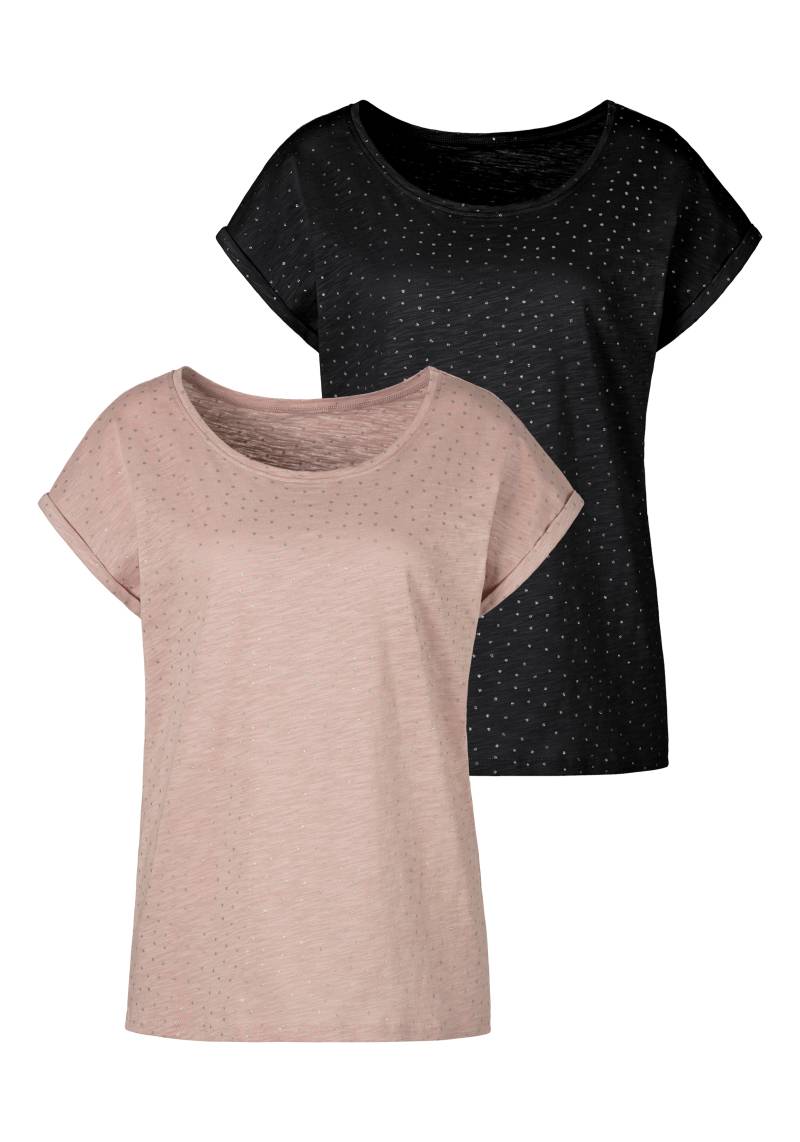 Vivance Kurzarmshirt »mit silbrigen Glitzerpünktchen«, (2er-Pack), aus weicher Baumwoll-Qualität von Vivance